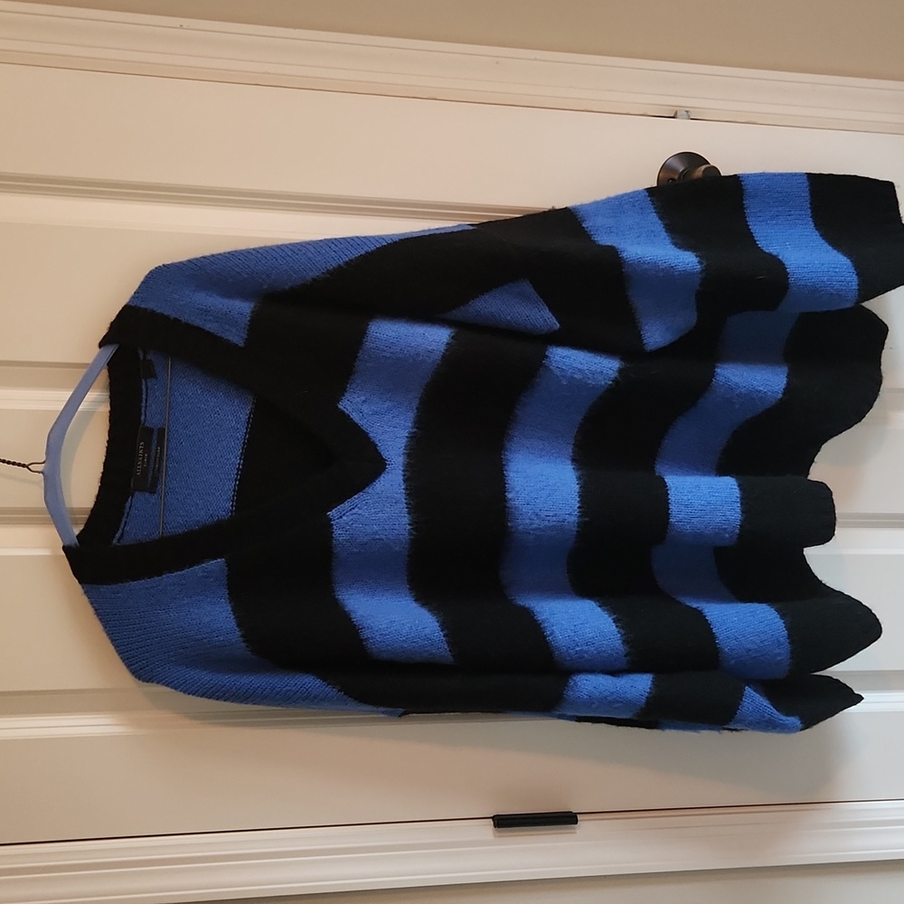All Saints Striped V-Neck Sweater in Blue and Black